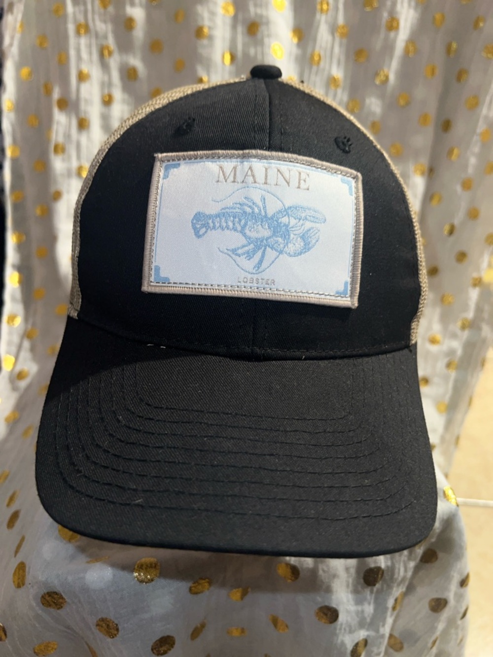 Maine Lobster Patch Trucker Hat - Black with Tan Mesh